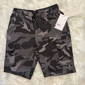 Univibe Boys Carbon Camo Cargo Shorts Size Small Black Gray Drawstring NWT
